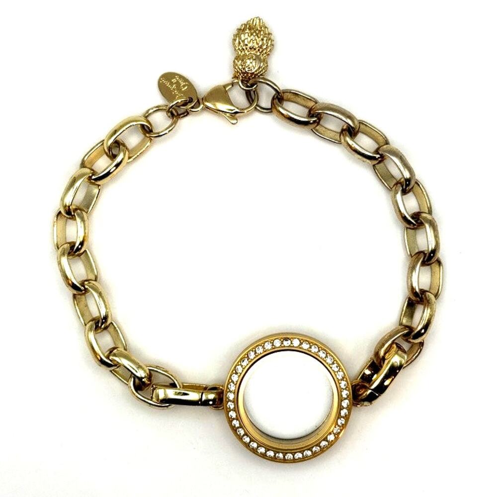 Origami Owl Gold “Living Locket” Bracelet Swarovski Crystals Owl Charm 7 3/4"
